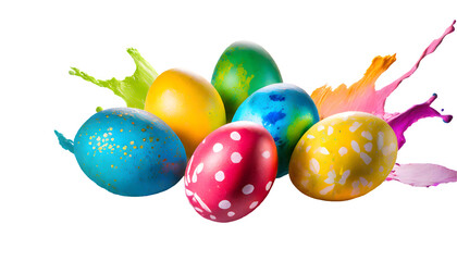 Easter eggs painted in different colors Splash on a white isolated background. Generative AI.