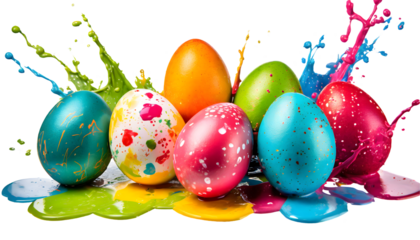 Easter eggs painted in different colors Splash on a white isolated background. Generative AI.