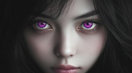 A captivating portrait of a young woman with striking purple eyes, conveying a mysterious and enchanting aura.