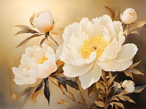 Digital painting of beautiful white peonies. Greeting card for Valentine's Day, birthday, wedding, anniversary or Mother's Day	