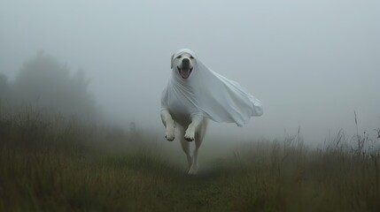 Ghostly Labrador Retriever Running Through Misty Field Mysterious Spirit Creature Concept for Halloween and Festivities