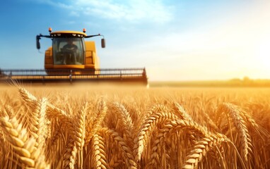 Fototapeta premium a harvest machine working on it and a blue sky background