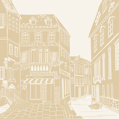 Fototapeta premium Old town. Street cafe. Old city view. European cityscape: house, building, Street cafe. Old houses on white background. antique medieval treasure parchment. Vector Illustration
