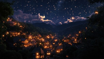 Fototapeta premium Mountain village lit up under starry night.