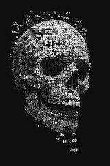 Obraz premium Digital Skull Art: Futuristic Binary Code Skull with Geometric Square Effect on Black Background - High-Res Stock Image for Technology, Cybersecurity, and Sci-Fi Themes