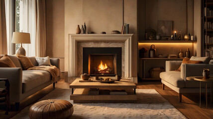 living room with fireplace, ai generated