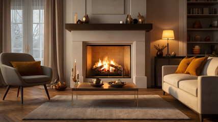Fototapeta premium living room with fireplace, ai generated