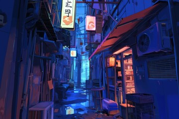 Dim alleyway with neon lights casting a warm, peaceful light. Cozy vibe, Generative AI