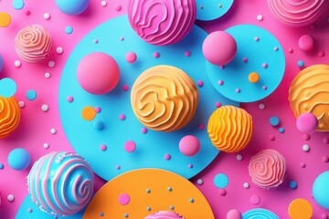 Colorful abstract background featuring playful shapes and vibrant spheres on a pink and blue surface for creative design.