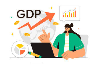 GDP or Gross Domestic Product Vector Illustration with Economic Growth Columns and Market Productivity Charts in a Flat Style Cartoon Background