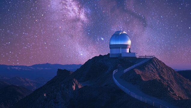 Observatory on a mountain top under a starry sky.