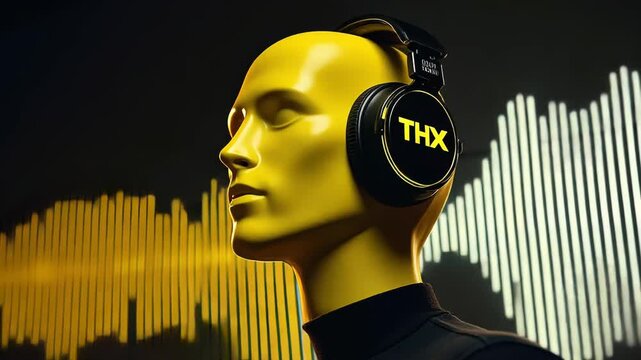 Yellow mannequin head with headphones rotates slowly. Pulsating audio waveform in background creates dynamic visual. Sleek design merges technology and art in futuristic display.