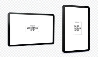 Tablet Computer Vector Mockup Illustration with Horizontal and Vertical Perspective View. Tablet PC Screens Isolated on Transparent Background.