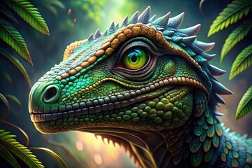 Fototapeta premium Vibrant green eyes gleam from a dinosaur portrait, exquisitely detailed and realistic, with green and blue hues blending harmoniously in a stunning emerald iris.