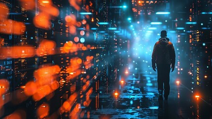 Fototapeta premium A man standing in advance server room, Futuristic Technology Visualization