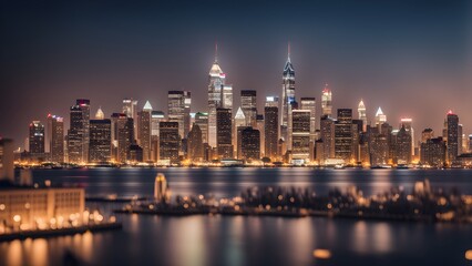 A city skyline is lit up at night, with the water reflecting the lights