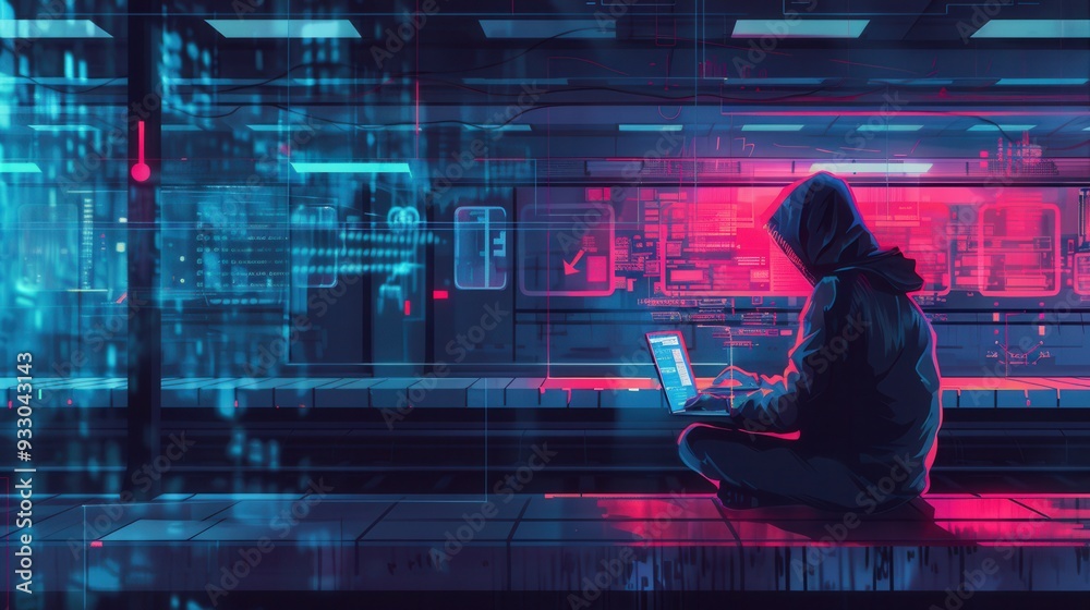 Poster a hacker works intently on a laptop at a metro station, emphasizing the dangers of using public wi-f
