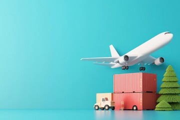 A colorful scene featuring an airplane, shipping container, and truck, symbolizing logistics and transportation in a playful way.