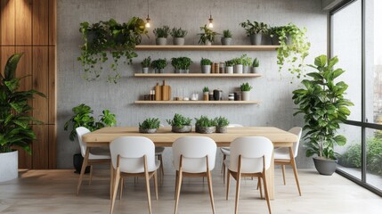 3D rendering of a dining room interior design with a wooden table and