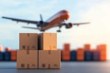 Cargo shipment with cardboard boxes and airplane in the background, representing logistics and transportation industry.