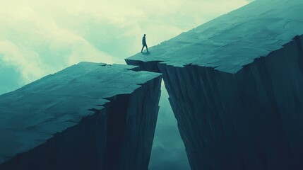 A solitary figure stands on the edge of a vast chasm, symbolizing challenge, isolation, and the journey of self-discovery.