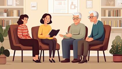 Four people sitting in chairs, discussing a book.