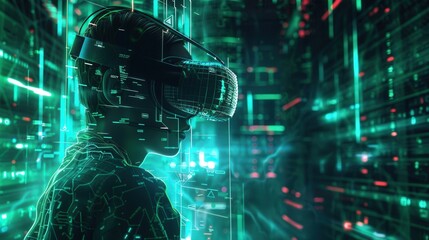 A hacker navigates a vibrant virtual environment filled with intricate digital locks and dynamic codes while wearing a VR headset. Generative AI