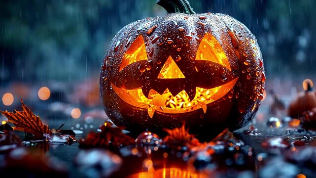 Jack-o-lantern scary spooky Halloween scene. Rainy day. Halloween pumpkin patch in the moonlight. Jack O Lantern party. Horizontal banner, Halloween night decorative with bat and moon background 31st 