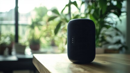 A person using a smart speaker to translate a conversation in real-time between two friends who speak different languages. The scene captures the moment of understanding and connection made 