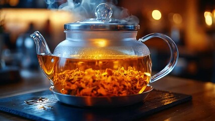 The Herbal tea brews in a glass teapot on a warm cafe table, inviting a moment of relaxation