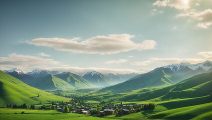 Obraz premium This image shows a valley with a village nestled between green hills and snow-capped mountains under a blue sky with white clouds.