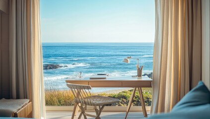 Obraz premium Ocean view workspace with desk, chair, and lamp.