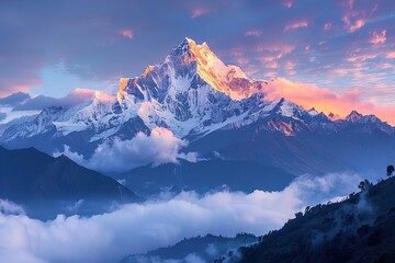 Obraz premium majestic view of snow capped mountain peaks with fog at sunrise