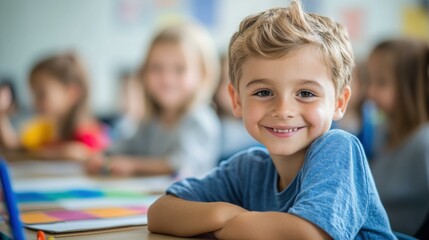 Fototapeta premium Blond Boy's Bright Smile in a Blurred Classroom