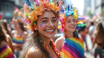 Obraz premium Smiling Beauty with Flower Crown and Rainbow Vibes