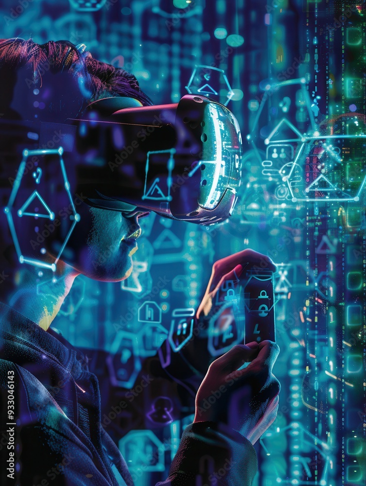 Poster a hacker navigates a vibrant virtual world, interacting with digital locks and codes using a vr head