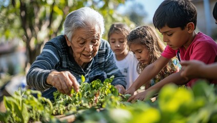 Family tending to garden plants.