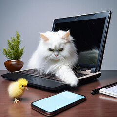 デスクトップに置いたノートパソコンで遊ぶ猫とひよこ