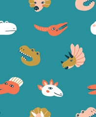 Hand drawn seamless pattern with dinosaurs on blue. Perfect for kids fabric, textile, nursery wallpaper. Cute baby dino design. Vector illustration.