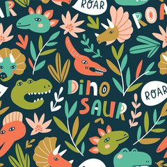 Hand drawn seamless pattern with dinosaurs and tropical leaves and lettering. Perfect for kids fabric, textile, nursery wallpaper. Cute baby dino design. Vector illustration.