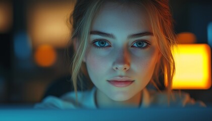 girl staying up late doing assignments in front of the laptop, girl typing on the laptop, female office worker, labor day