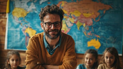 Smiling Teacher, World Map, Engaged Students