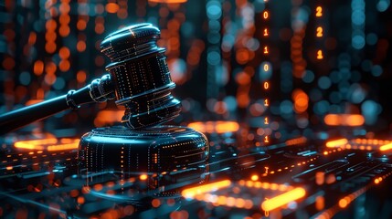 Digital gavel hitting virtual, futuristic legal system