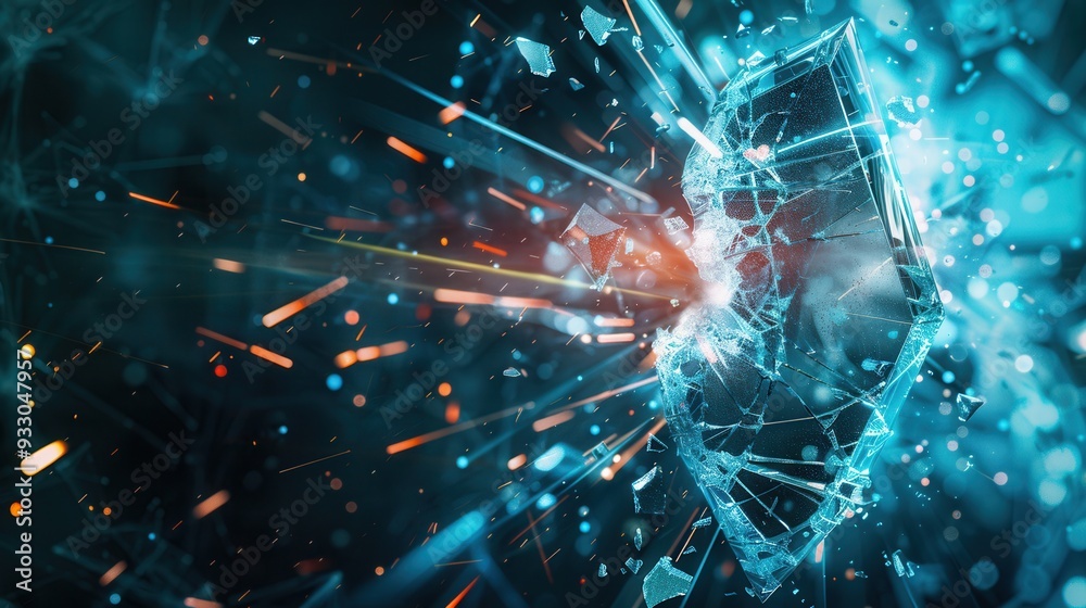 Poster A hacker disrupts a digital shield, causing fragments to scatter around, representing a dynamic act of penetrating security measures and cyber defense. Generative AI
