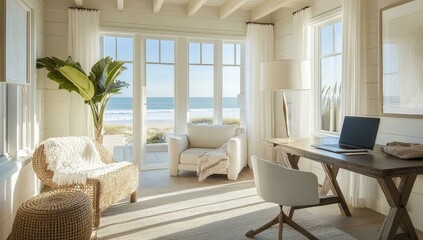 Fototapeta premium Ocean view room with laptop, chair and rug.