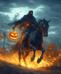  horse raider with fire pumpkin on halloween night 