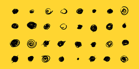 Set of hand drawn doodle circles in a grunge style. Vector illustration for bullet journal. Transparent background. Scribble doodle circle and point. Collection black shapes dots and drops.