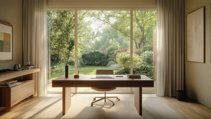 Fototapeta premium Modern home office with wooden desk and garden view.