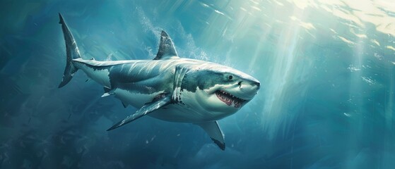 Naklejka premium Great White Shark in Ocean Depths