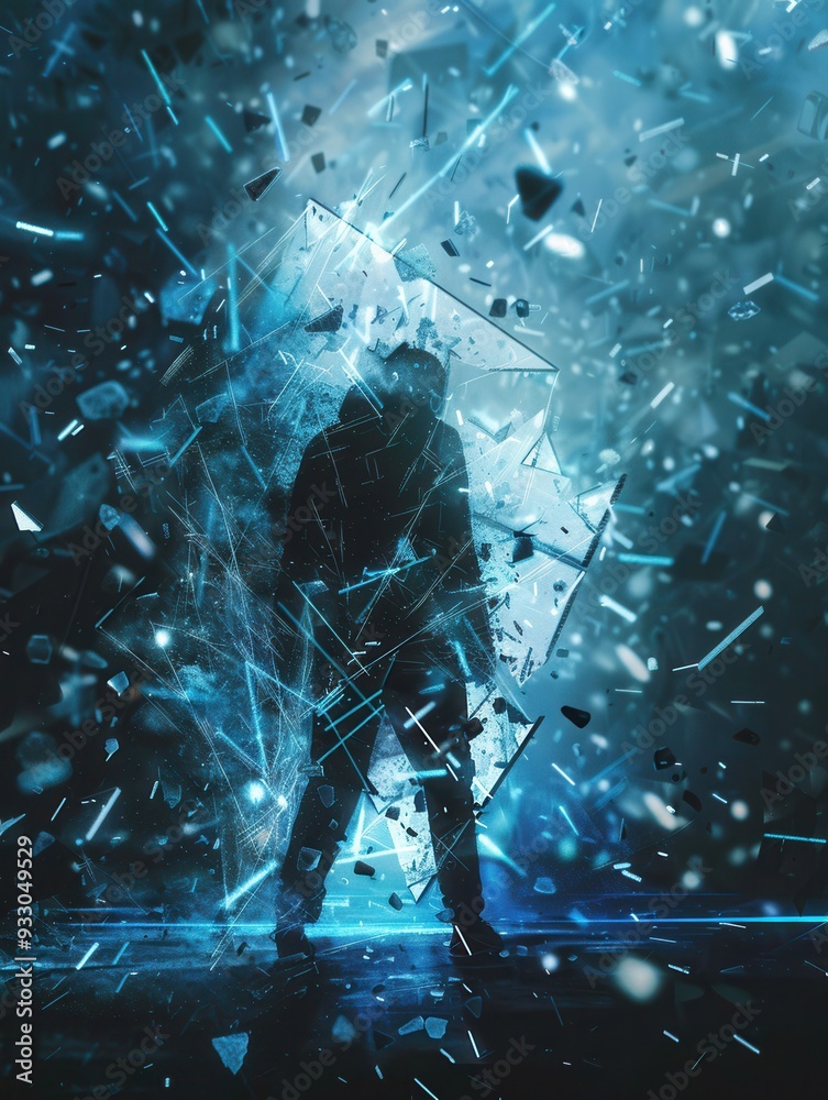 Fototapete a hacker breaks through a digital shield, scattering fragments around, representing an infiltrating 